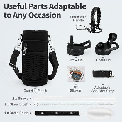 32 oz Insulated Water Bottle with Straw, Stainless Steel Triple Wall Vacuum Sports Water Jug, Leakproof Hydro Cup Flask with Paracord Handle & Straw Spout Lids & DIY Stickers