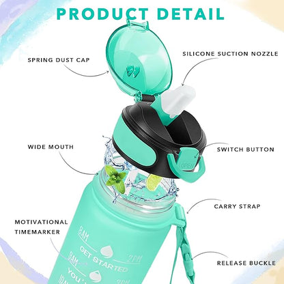 Enerbone 32 oz Water Bottle with Times to Drink and Straw, Motivational Drinking Water Bottles with Carrying Strap, Leakproof BPA & Toxic Free, Ensure You Drink Enough Water for Fitness Gym Outdoor