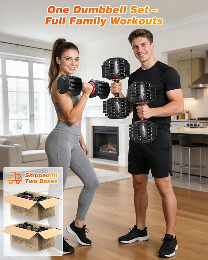 XDDIAS Adjustable Dumbbell Set of 2, 25/55/80/90LB Dumbbell Set- 1-Hand Fast Adjustment with Anti-Slip Handle, Compact Free Weights Dumbbells Set for Men/Women Home Gym Strength Training Equipment