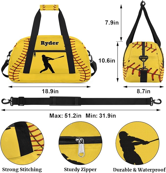 Personalized Sports Training Bag for Boys, Custom Name Baseball Carry On Weekender Gymnastics Gym Bag for Men Travel Business Trip, Yellow Baseball