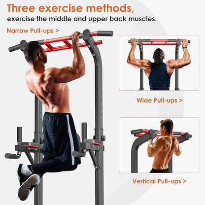 DlandHome Pull Up Bar Power Tower Dip Station, Height Adjustable Heavy Duty Workout Dip Stand, Multi-Functional Strength Training Machine for Men Women Home Gym