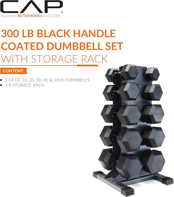 CAP Barbell Rubber Coated Hex Dumbbell Set with Vertical Rack | 100-300 lbs Free Weights Dumbbells Set for Home Gym | Multiple Options