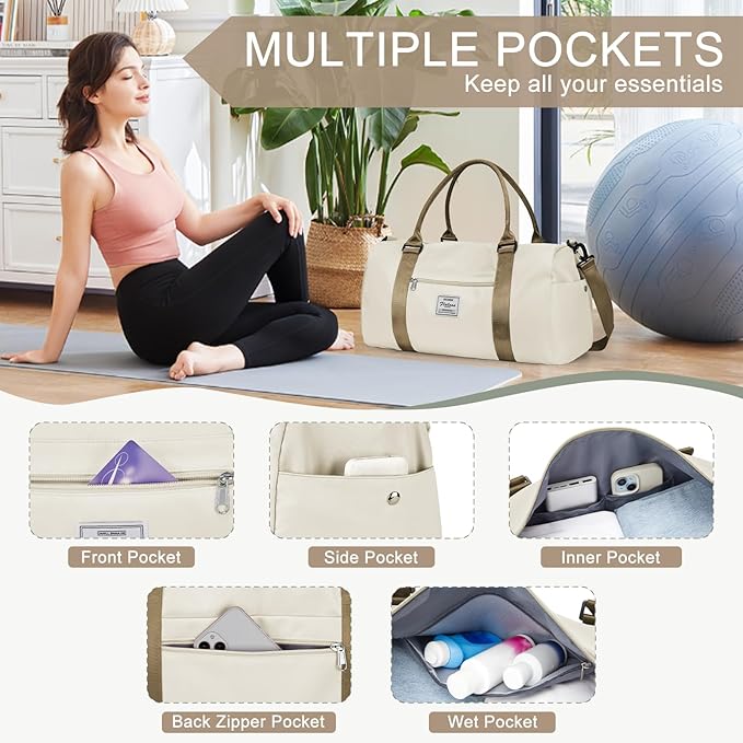 Gym Bag for Women Men with Shoes Compartment,Sports Duffle Bag Personal item travel Duffel Bags Tote Bag Small Carry on Weekender Overnight Bag Workout Dance Bag Hospital Holdalls Beige Brown