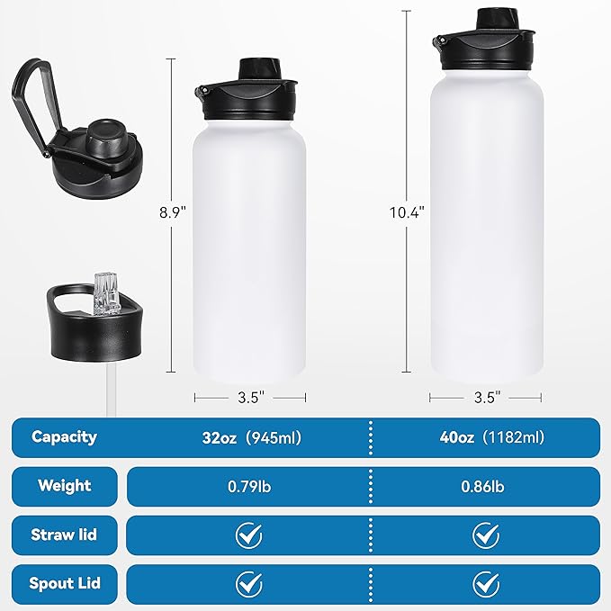 VEGOND 32 oz Insulated Water Bottle Bulk Stainless Steel Metal Water Bottles with Leak Proof Straw Lid & Spout Lid, Wide Mouth Double Walled Vacuum Travel Sports Bottle, 8 Pack