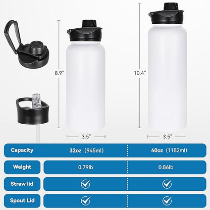 VEGOND 40 oz Insulated Water Bottle Bulk Stainless Steel Metal Water Bottles with Leak Proof Straw Lid & Spout Lid, Wide Mouth Double Walled Vacuum Travel Sports Bottle, 4 Pack