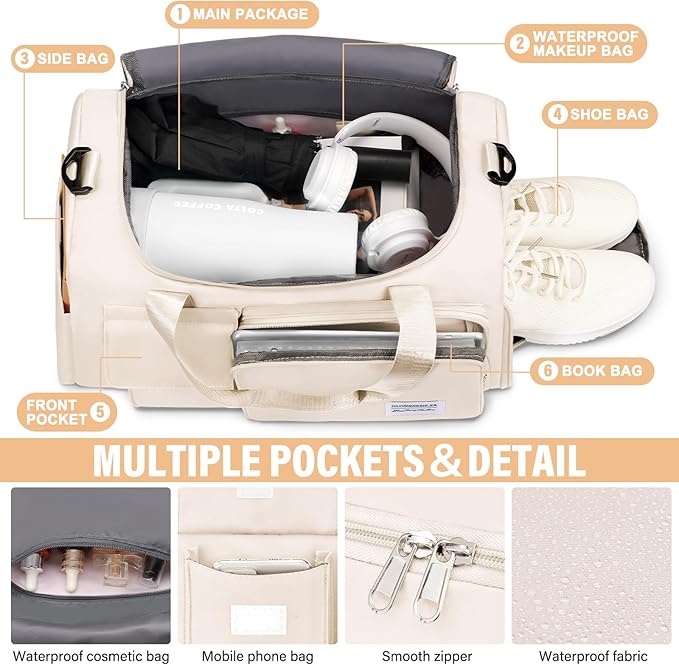 Gym & Dance Duffle Bag - Spacious Travel Organizer with Compartments (Beige)
