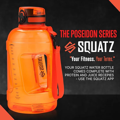 SQUATZ 78 Oz Poseidon Series Sports Water Bottle - Premium Quality Big Volume Wide Mouth protein Shake Gym Flask, Fixed Buckle Carrying Strap, Leak Resistance, Zero Condensation Sleeve,Orange