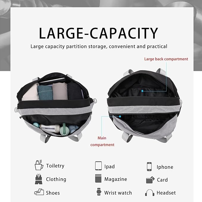 HEAD 45L Black Waterproof Gym Duffel Bag for Women Men, Large Capacity Weekender Overnight Bag with Detachable Strap, Lightweight Travel Tote for Fitness, Yoga & Business Trips