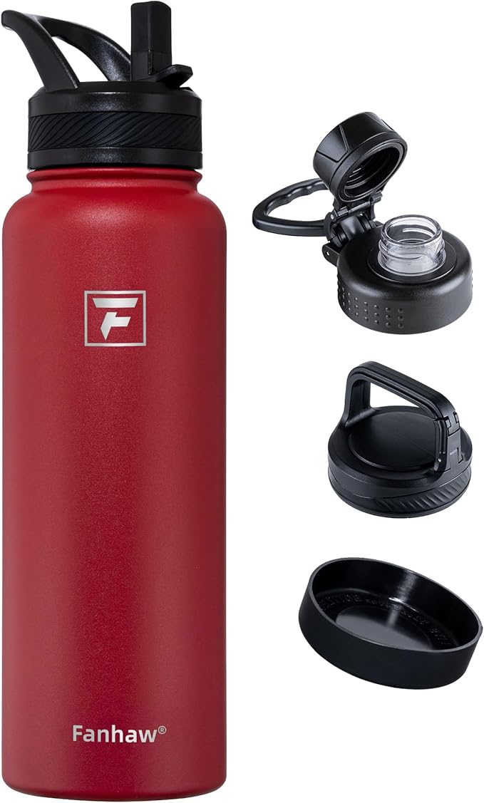 Fanhaw 40 oz Insulated Water Bottle – Stainless Steel Flask with 3 Lids (Straw, Spout, Carabiner) | Durable, Leakproof, for Hiking, Camping, Outdoor Adventures & Travel (Red)