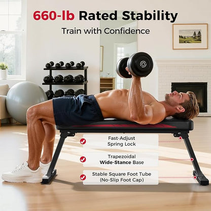 FLYBIRD Foldable Flat Weight Bench For Home Gym, Sturdy Strength Training Workout Bench, Space-saving Bench Press Flat Exercise Bench, Easy to Assemble