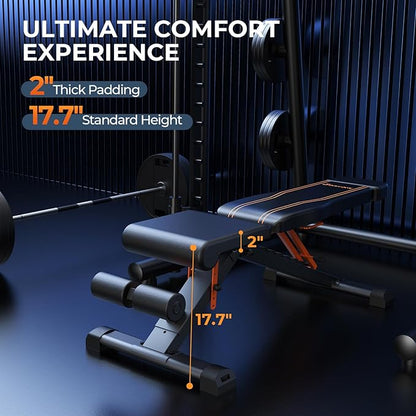 Adjustable Weight Bench, Foldable Incline Decline Flat Workout Bench Press with Extended Backrest, 80x40MM Heavy-Duty Steel Dumbbell Bench for Home Gym Full Body Strength Training