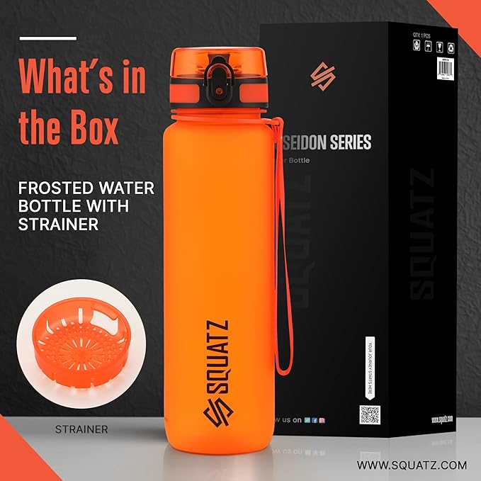SQUATZ 34 Oz Poseidon Series Frosted Water Bottle - Premium Quality Wide Mouth Gym Flask with Fruit Infuser Strainer, Fixed Carrying Strap, Leak Resistance, and Zero Condensation Orange