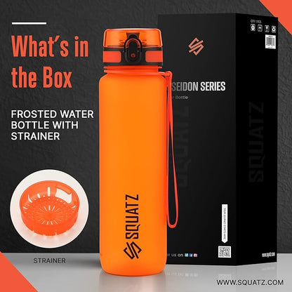 SQUATZ 34 Oz Poseidon Series Frosted Water Bottle - Premium Quality Wide Mouth Gym Flask with Fruit Infuser Strainer, Fixed Carrying Strap, Leak Resistance, and Zero Condensation Orange