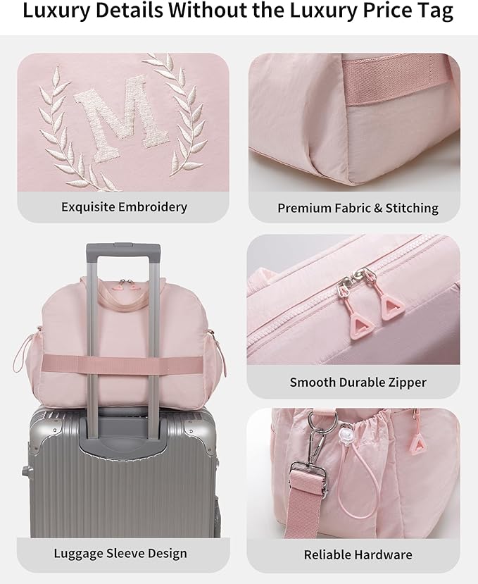 Christmas Gift for Women, Kid & Friend, Initial Girls Duffle Bag, Monogrammed Personalized Overnight Weekender, Birthday Gifts for Teen, Mom, Daughter, Grandmother, Dad (Pink, M)