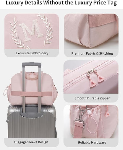 Christmas Gift for Women, Kid & Friend, Initial Girls Duffle Bag, Monogrammed Personalized Overnight Weekender, Birthday Gifts for Teen, Mom, Daughter, Grandmother, Dad (Pink, M)