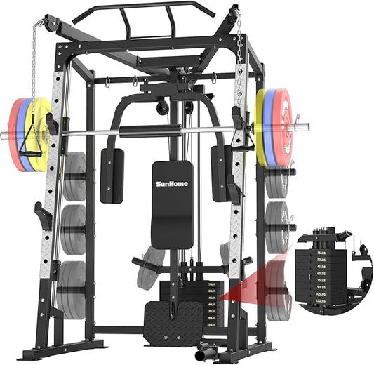 SunHome Smith Machine, Power Cage Squat Rack with Smith Bar, LAT Pull-Down Systems, Cable Crossover Machine and Cable Attachment for Home Gym