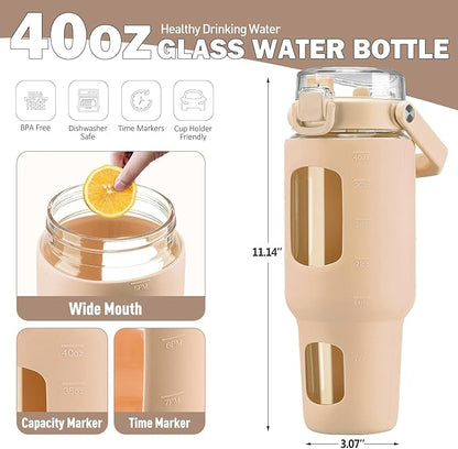 BLUEGO 40 oz Glass Water Bottle with Straw, Leakproof Glass Drinking Bottle with Time Marker and Silicone Sleeve, Wide Mouth Water Bottle for Travel, Gym, Workout, Amber