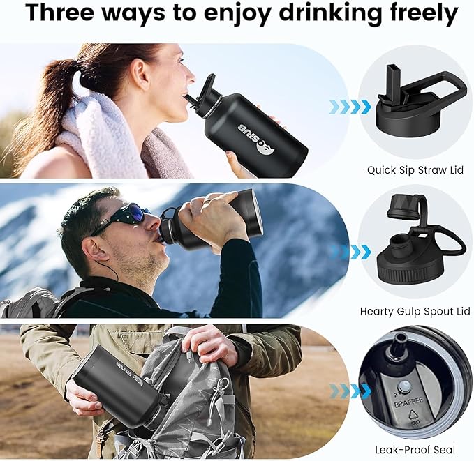Insulated Water Bottle 64 oz, Triple Wall Vacuum Stainless Steel(Cold for 48 Hrs),Leak Proof & BPA-Free,Half Gallon Water Bottle with Reflective Paracord & Flip Straw for Sports & Travel, Black