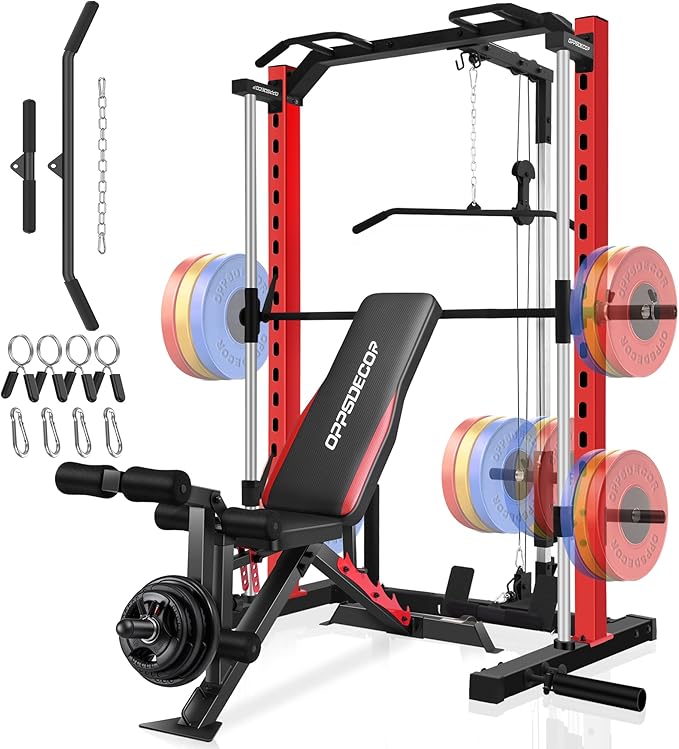 OPPSDECOR Smith Machine Power Rack for Home Gym - All-in-One Power Cage Squat Rack with LAT Pulldown, Cable Machine & Barbell Bar - Multi-Functional Strength Training Equipment