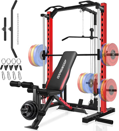 OPPSDECOR Smith Machine Power Rack for Home Gym - All-in-One Power Cage Squat Rack with LAT Pulldown, Cable Machine & Barbell Bar - Multi-Functional Strength Training Equipment