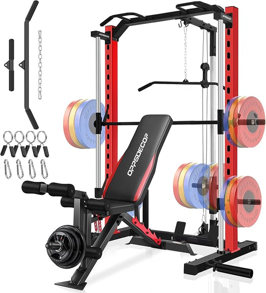 OPPSDECOR Smith Machine Power Rack for Home Gym - All-in-One Power Cage Squat Rack with LAT Pulldown, Cable Machine & Barbell Bar - Multi-Functional Strength Training Equipment