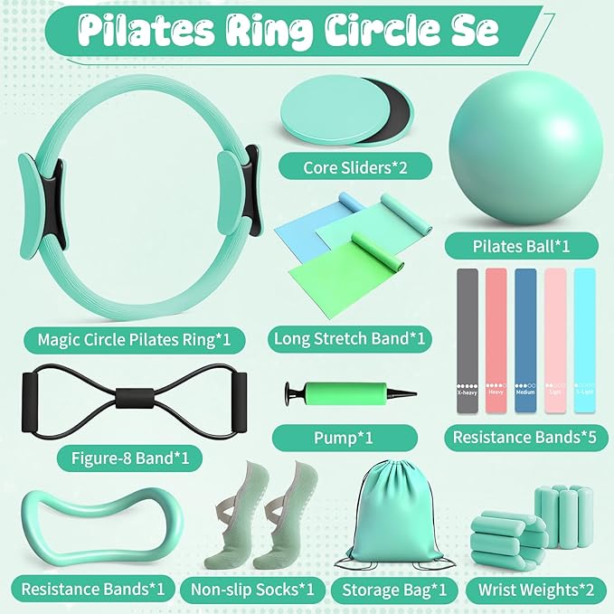 19PCS Pilates Kit, Mint Green Home Pilates Workout Kit for Women, Pilates Equipment with 14" Pilates Ring and Ball, Ankle Weights, Resistance Bands, Pilates Socks Accessories for Home Workout
