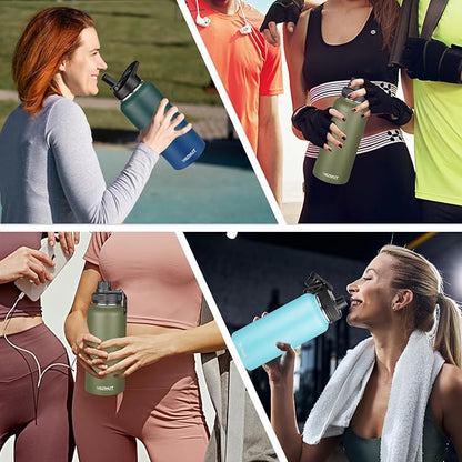 MEZMUT Insulated Water Bottle with Straw&2 Lids 32oz Metal Water Bottle Leakproof Travel Stainless Steel Water Bottles Reusable Double Wall Gym Sports Cup Flask for Camping Hiking, Blue