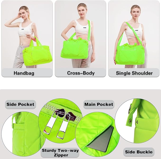 Sports Tote Gym Bag for Women, Travel Duffel Bag, Shoulder Weekender Overnight Bag for Women Girls Travel, Gym, Yoga (Fluorescent Green)