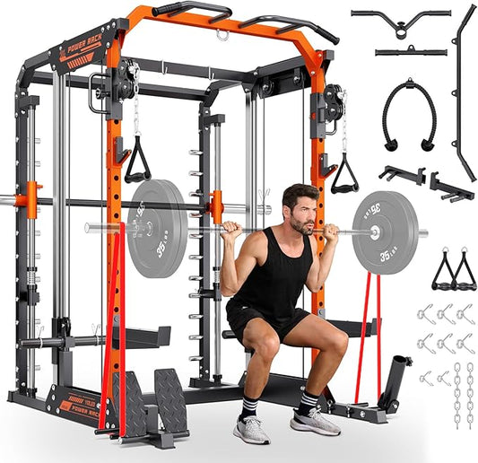 YOLEO Smith Machine & Squat Rack Combo, Multi-Functional Power Racks with Adjustable Width & Pull-Up Bar, Cable Crossover Power Cage, Independent Dual-Pulley System for Home Gym Garage Basement