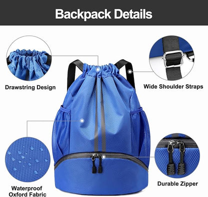 Hoedia Sports Drawstring Backpack - String Swim Gym Bag with Shoes Compartment and Wet Proof Pocket for Women&Men