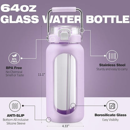 BLUEGO 64oz Water Bottle Glass with Stainless Steel Handle Large Water Bottle with Time Markers and Silicone Sleeve Half Gallon Water Jug BPA Free for Gym Daily Use, Purple