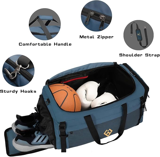 Eackrola Extra Large Sports Gym Bag, Travel Duffel bag with Wet Pocket & Shoes Compartment for men women, 85L, Lightweight （Haze Blue）