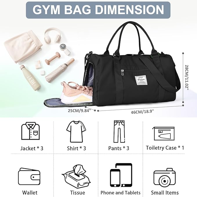 Gym Bag for Women Men with Shoes Compartment Sports Duffle Bag Personal item travel Duffel Bags Small Carry on Weekender Overnight Tote Bags Workout Dance Bags Hospital Holdalls Black