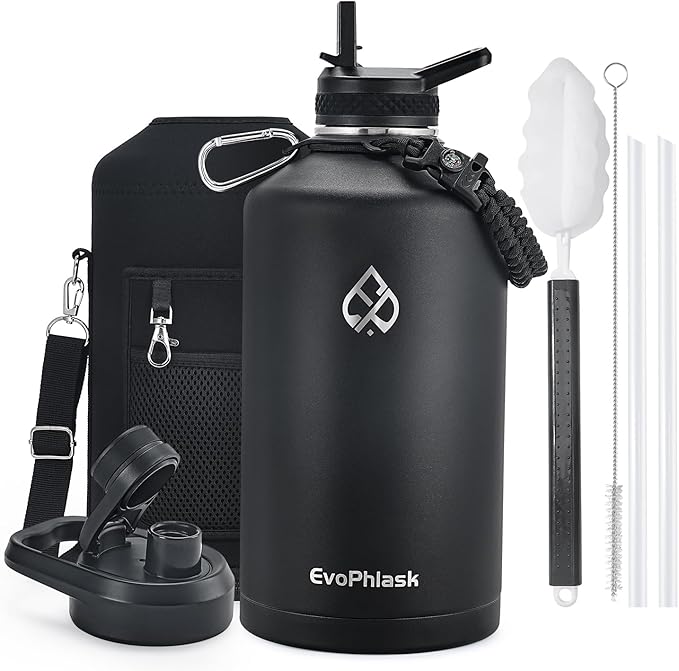 1 Gallon Water Bottle Insulated, Vacuum Stainless Steel Water Bottle Keep Cold 48Hrs, 128 oz Large Gallon Water Jug for Travel, Sport, Gym, Hiking with Carrier Bag, Black