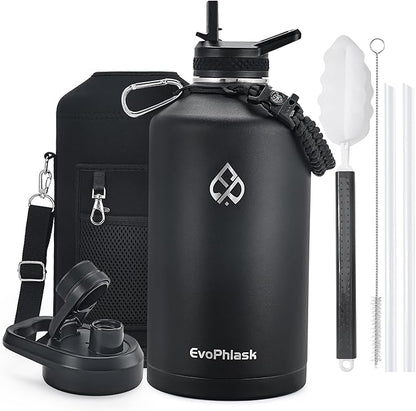 1 Gallon Water Bottle Insulated, Vacuum Stainless Steel Water Bottle Keep Cold 48Hrs, 128 oz Large Gallon Water Jug for Travel, Sport, Gym, Hiking with Carrier Bag, Black