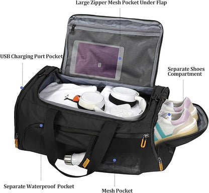 Gym Duffle Bag for Men Women, Travel Duffel Bag Backpack with Shoe Compartment & Wet Pocket, 50L Waterproof Sports Overnight Weekender Bag with USB Port, Black