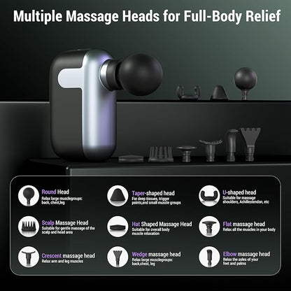 Mini Massage Gun with 10 Massage Heads, Percussion Deep Tissues Handheld Muscle Massager, 8mm Amplitude High-Intensity Massager Gun for Pain Relief for Office Gifts for Her, Home, Athletes