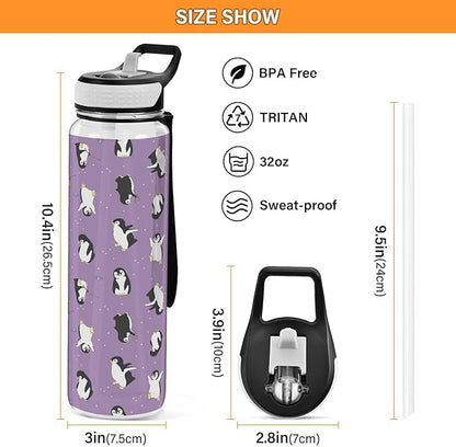 Fustylead Penguins Tritan Water Bottle with Straw and Lids, 32 oz Reusable BPA Free Sport Water Bottle for Gym Camping Hiking Travel