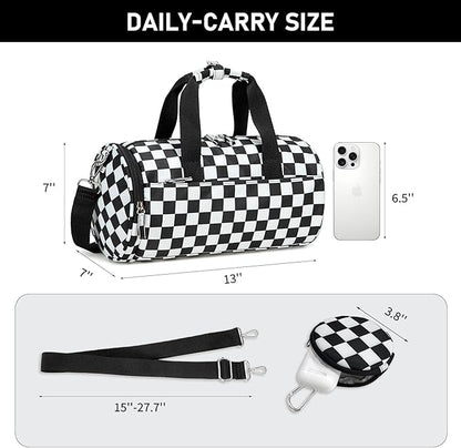 Mini Gym Bag for Women Girls Cute Small Duffle Bag 12'' with Multifunctional Pockets Workout Sport Bags Dance,Fitness,Yoga (Balck-white checkered)