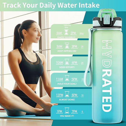 Water Bottle with Straw, 32oz Motivational Water Bottles with Time Marker to Drink, Tritan BPA Free, 1L Sports Water Bottle with Carry Strap LeakProof for Women Gym Fitness Outdoor (1 Pack)