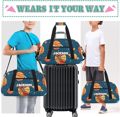 Personalized Basketball Gym Duffel Bags for Kids Boys with Custom Name Sport Travel Bags for Overnight Weekender Training, Blue Space