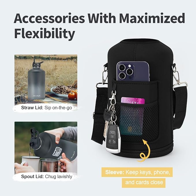 One Gallon Water Bottle Insulated, Triple Wall Vacuum Cold for 48 Hrs & Leak-proof & Non-BPA, 128oz Large Sports Stainless Steel Water Jug with Paracord Handle Straw Spout Lids & DIY Stickers