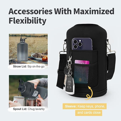 One Gallon Water Bottle Insulated, Triple Wall Vacuum Cold for 48 Hrs & Leak-proof & Non-BPA, 128oz Large Sports Stainless Steel Water Jug with Paracord Handle Straw Spout Lids & DIY Stickers