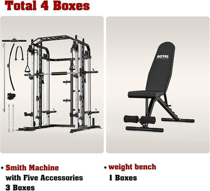 Smith Machine, Multifunctional Power Cage Rack with Smith Bar and Cable Pulley System, and LAT Pull Down Machine for Home Gym…