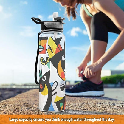 Fustylead Imaginary Animals in Picasso-style 32 oz Water Bottle with Straw, Leakproof Clear Sport Bottles for Women Men Outdoor Sport Drinking
