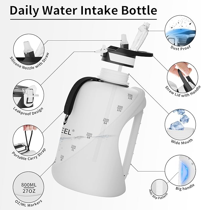 TOOFEEL 1 Gallon Water Bottle with Straw & Chug Lid,BPA Free,Leak-Proof, Dishwasher Safe,128 oz Large Water Jug with Strap,Sports & Travel & Gym Water Bottle for Men and Women - White