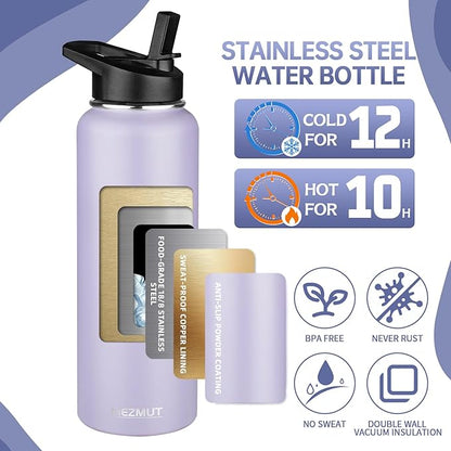 MEZMUT Insulated Water Bottle with Straw&2 Lids 40oz Stainless Steel Water Bottles Sports Metal Water Bottle Double Walled Vacuum Insulated Bottles Thermos Leak-Proof Travel Thermal (Purple)