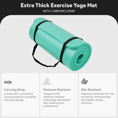 BalanceFrom 71x24 Inches Extra Thick Yoga Mat 1-Inch High-Density Foam – Roll-Up Exercise Pad with Double-Sided Non-Slip Surface and Carrying Strap for Pilates and Home Workouts, Multiple Colors