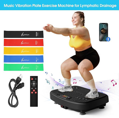 SoftGym Vibration Plate Exercise Machine for Lymphatic Drainage,Power Vibrate Stand Shake Board 450 Lbs Capacity Whole Body Workout Waver with Fitness Resistance Bands Weight Loss Gifts for Women Men