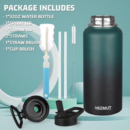 MEZMUT Stainless Steel Water Bottles 32oz Insulated Water Bottle with Straw&2 Lids Double Walled Sports Metal Cups Water Bottle Cup Leak-Proof Vacuum Insulated Bottles Travel (Gradient Green Black)